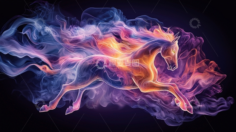 高清大图下载【趣麦麦图】奔腾的火焰烟雾马