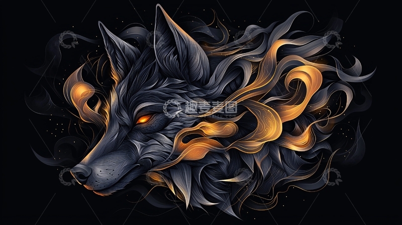 高清大图下载【趣麦麦图】黑狼与金色烟雾环绕