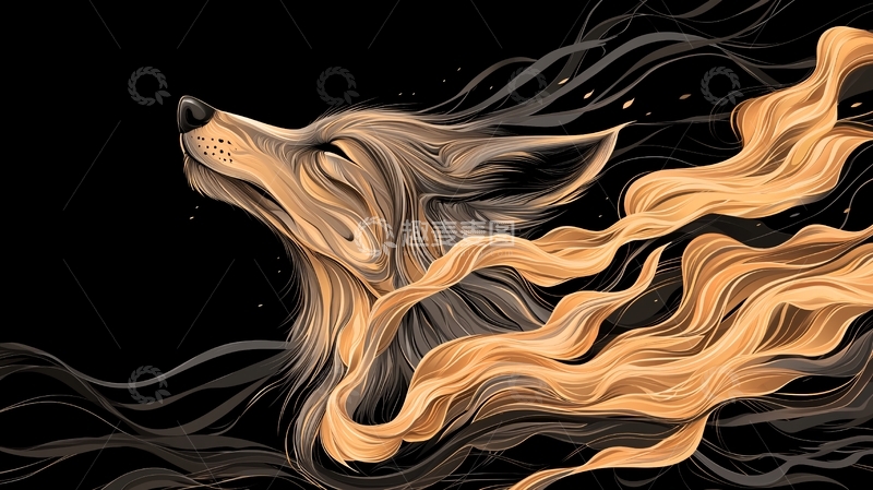 高清大图下载【趣麦麦图】狼头金色鬃毛在黑色背景中