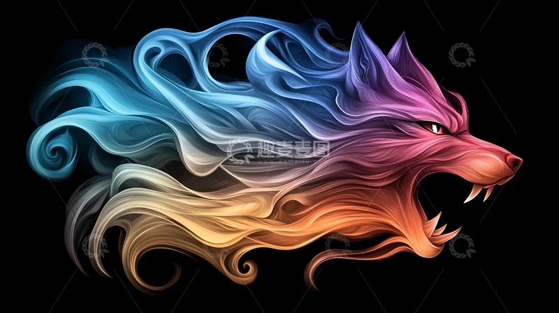 高清大图下载【趣麦麦图】彩色烟雾环绕的狼头