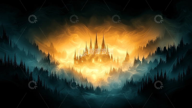 高清大图下载【趣麦麦图】金色城堡在黑暗森林中