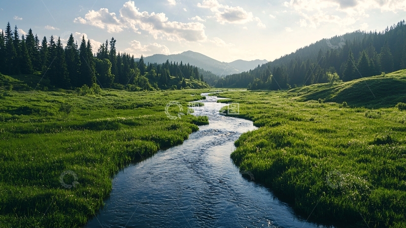 高清大图下载【趣麦麦图】蜿蜒的河流穿过绿色草地