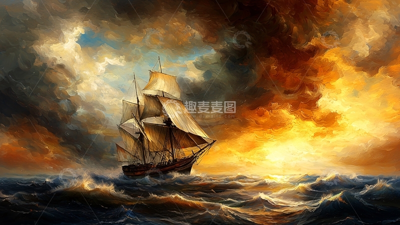 高清大图下载【趣麦麦图】狂风暴雨中的帆船