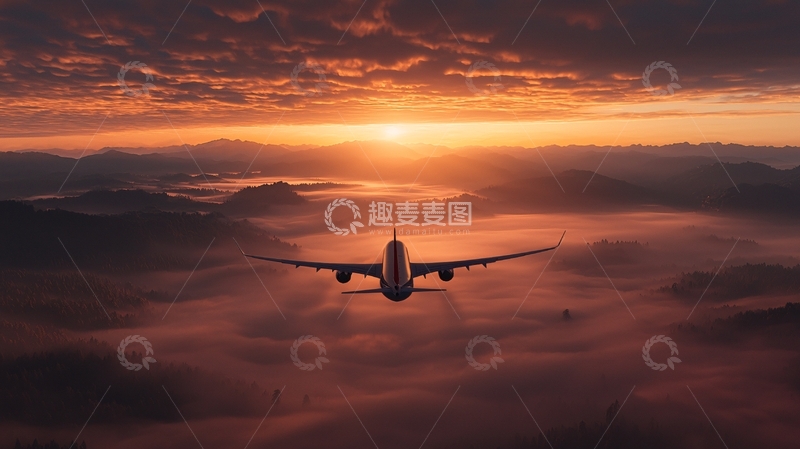 高清大图下载【趣麦麦图】飞机飞过云层日落的景象