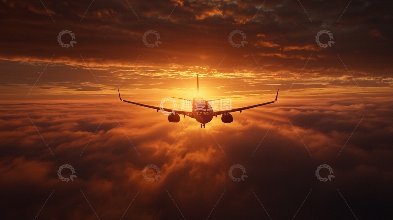 高清大图下载【趣麦麦图】飞机穿越云层夕阳