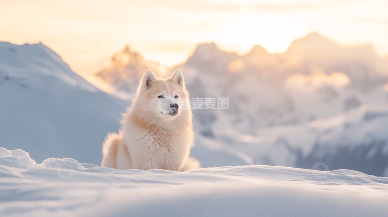 高清大图下载【趣麦麦图】雪山上的白色毛茸茸的狗