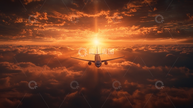 高清大图下载【趣麦麦图】飞机冲向日落的天空