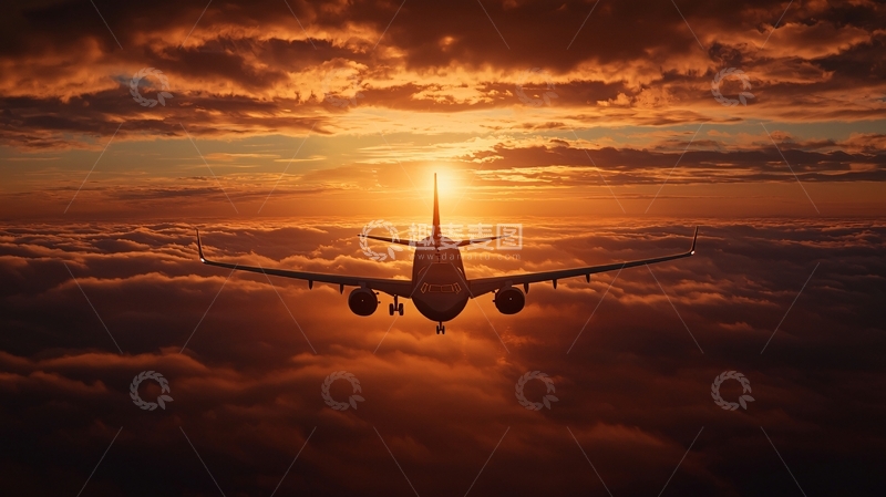 高清大图下载【趣麦麦图】飞机飞向日落天空