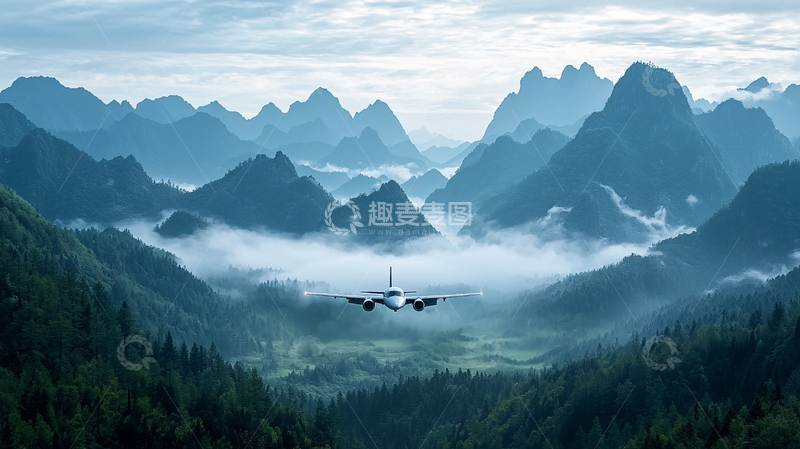 高清大图下载【趣麦麦图】飞机穿梭于山峦云雾
