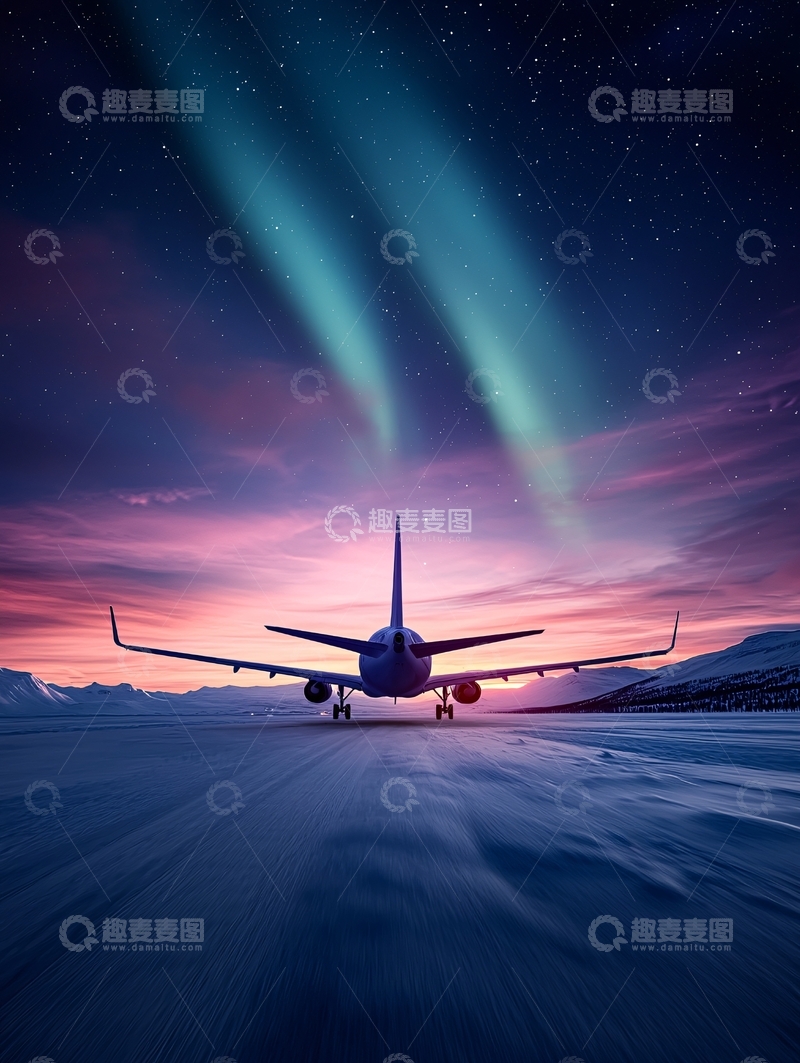 高清大图下载【趣麦麦图】飞机极光下的跑道