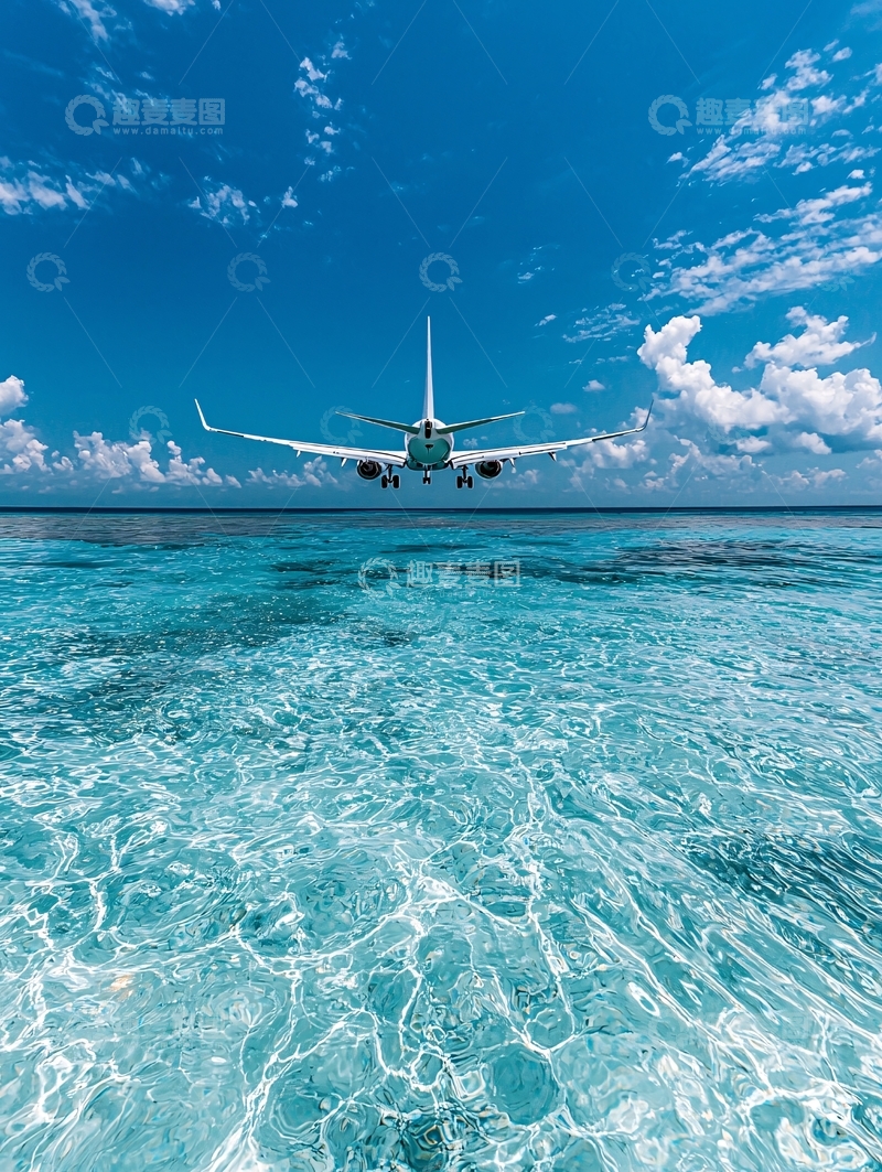 高清大图下载【趣麦麦图】飞机飞跃碧蓝大海