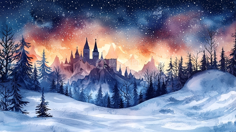 高清大图下载【趣麦麦图】冬日城堡星空水彩风景