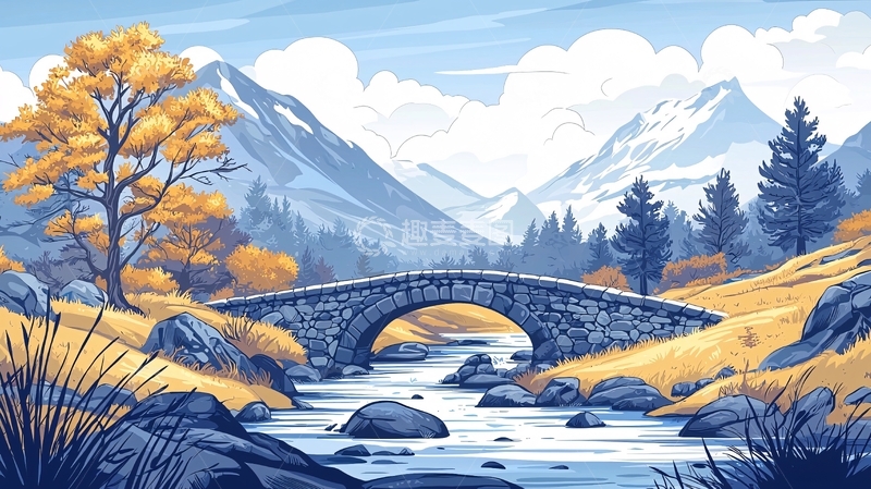 高清大图下载【趣麦麦图】秋日山间石桥流水风光