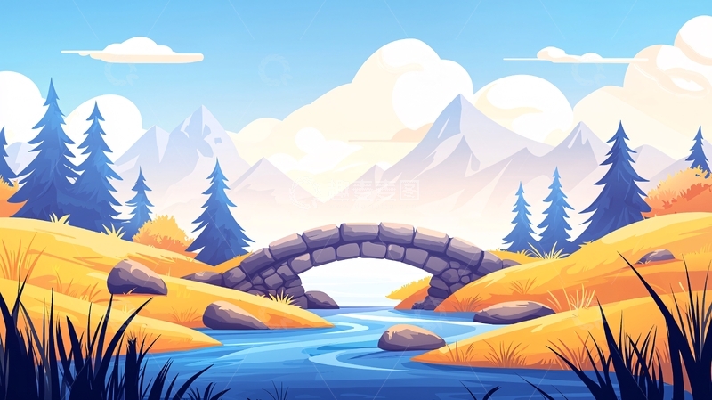高清大图下载【趣麦麦图】卡通山水桥梁