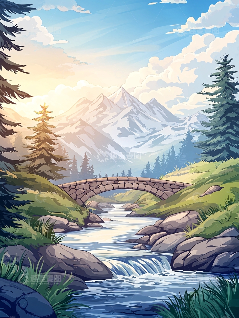 高清大图下载【趣麦麦图】阳光下的山间小桥流水