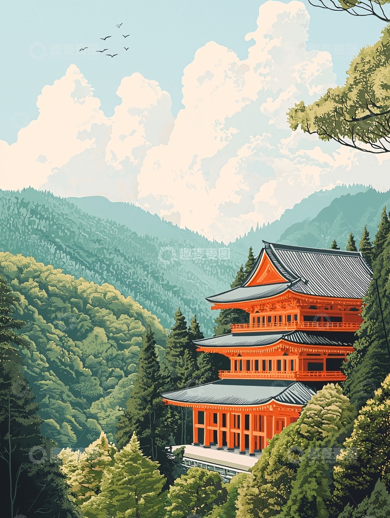 高清大图下载【趣麦麦图】山间橙色日式寺庙