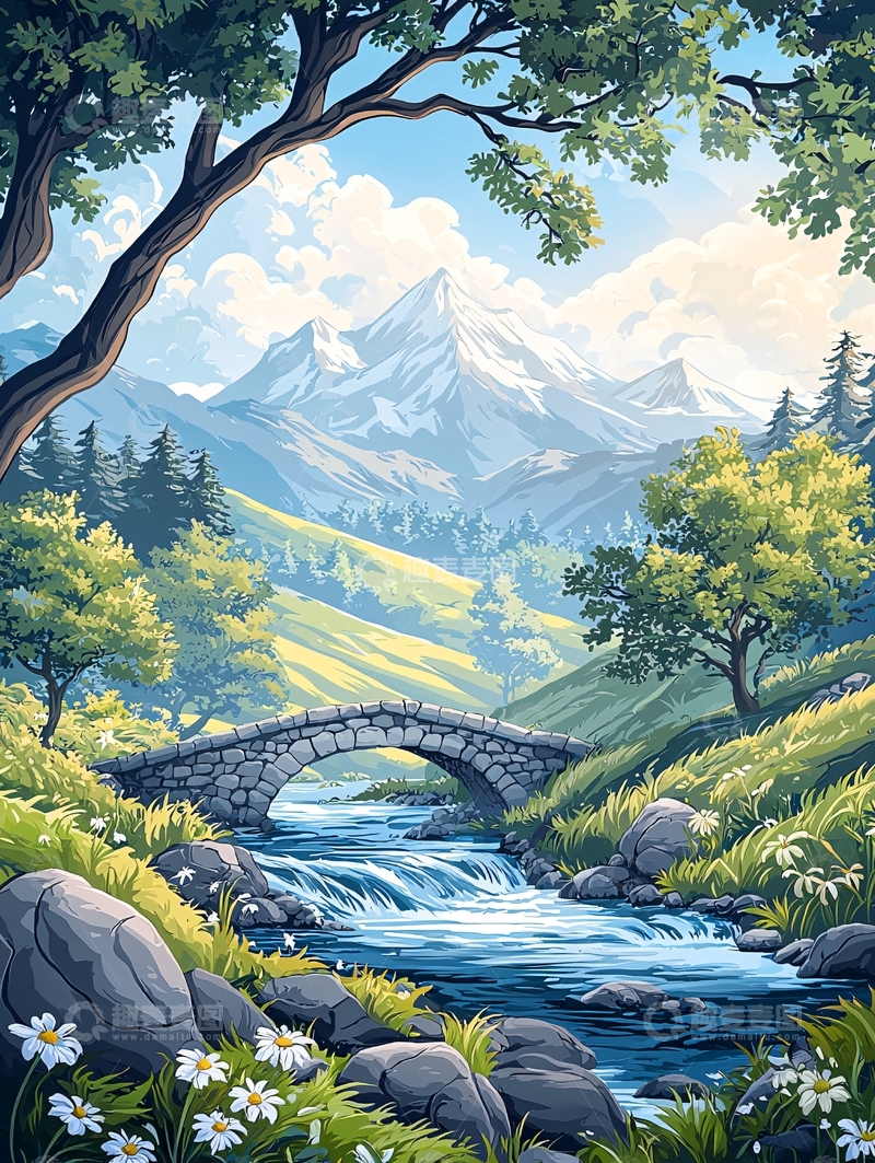 高清大图下载【趣麦麦图】山间流水小桥的风景画