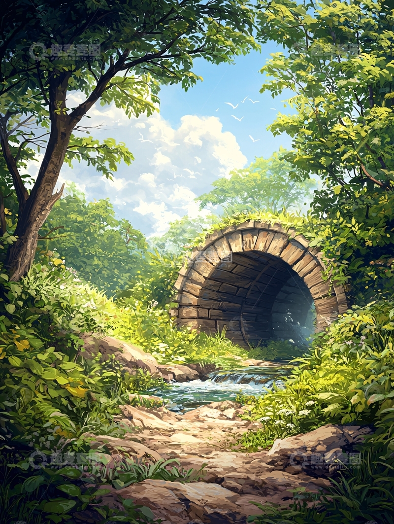 高清大图下载【趣麦麦图】林间石桥流水潺潺
