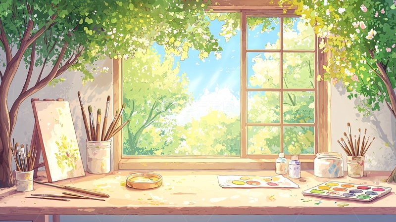 高清大图下载【趣麦麦图】阳光透过窗户的绘画桌