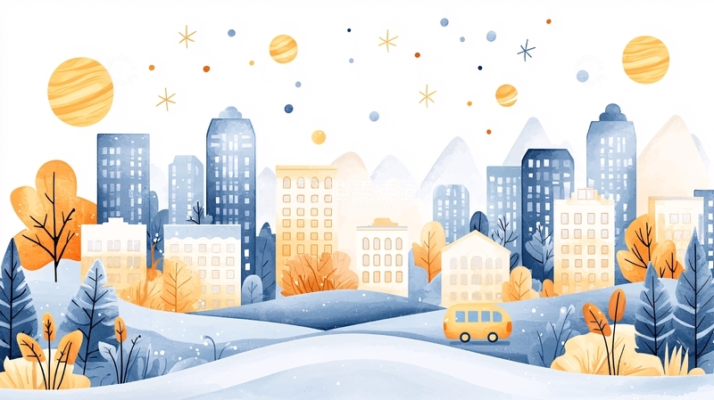 高清大图下载【趣麦麦图】冬季城市雪景插画