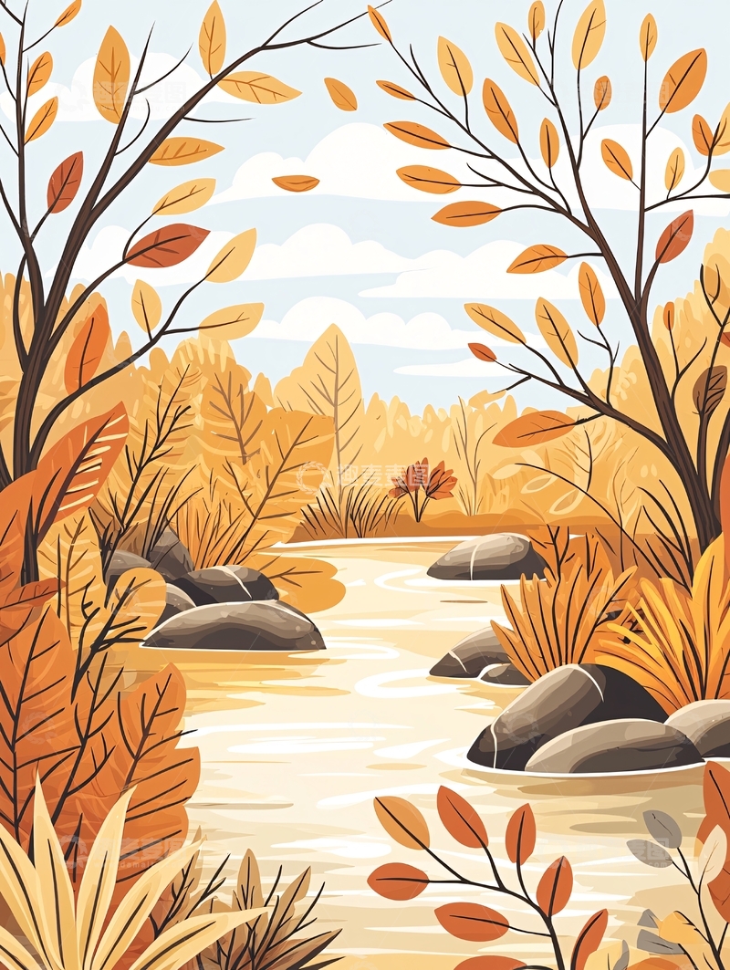 高清大图下载【趣麦麦图】秋季河流旁的橙色树林