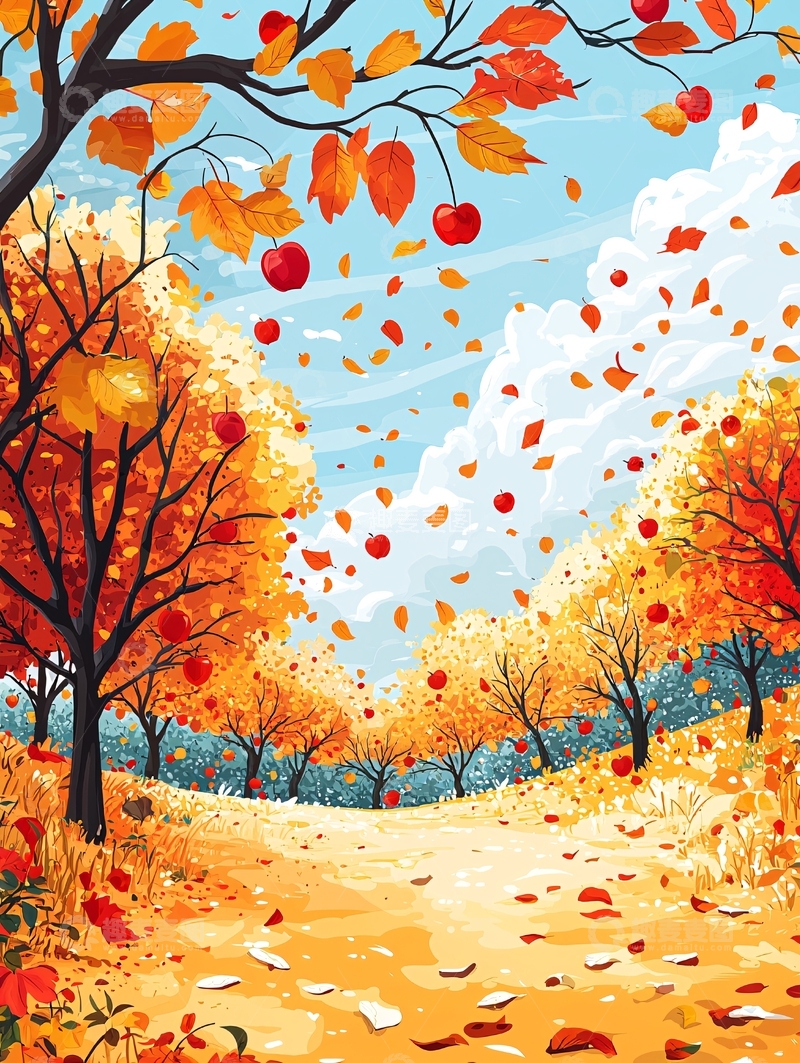 高清大图下载【趣麦麦图】秋日落叶苹果树美景