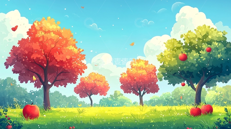 高清大图下载【趣麦麦图】卡通果树风景画