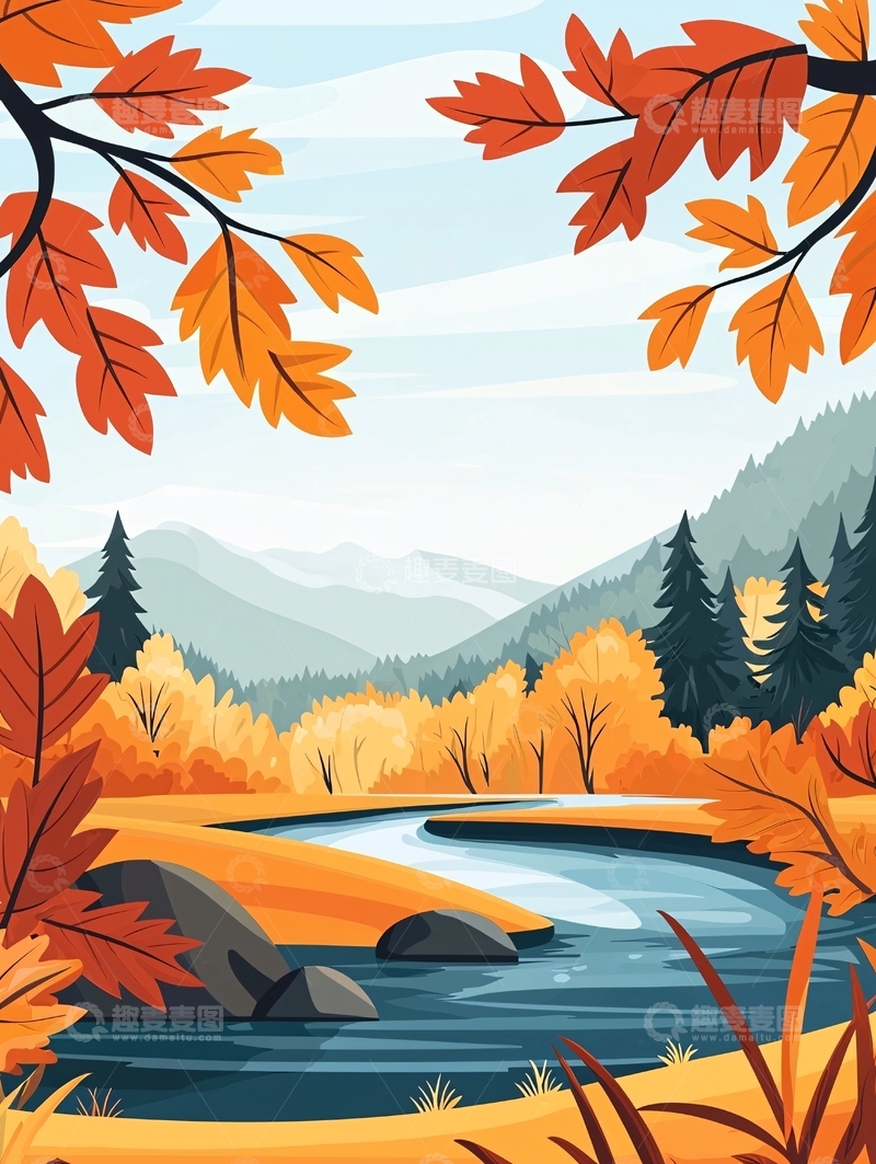 高清大图下载【趣麦麦图】秋季河流山脉的唯美风景图