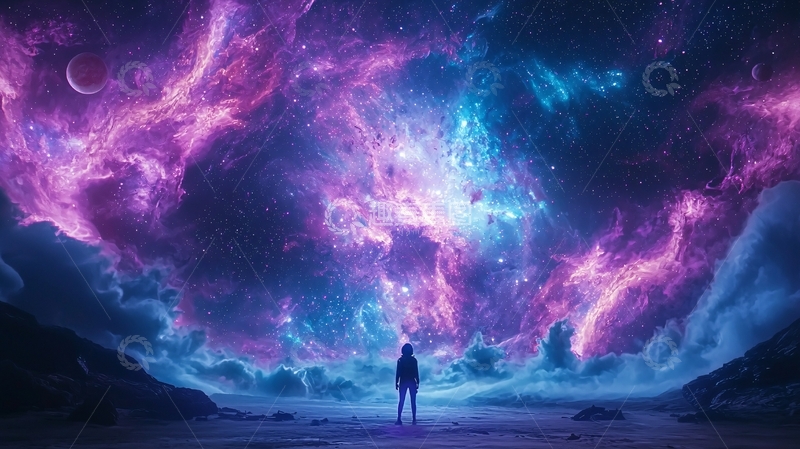 高清大图下载【趣麦麦图】紫色星云下的人影