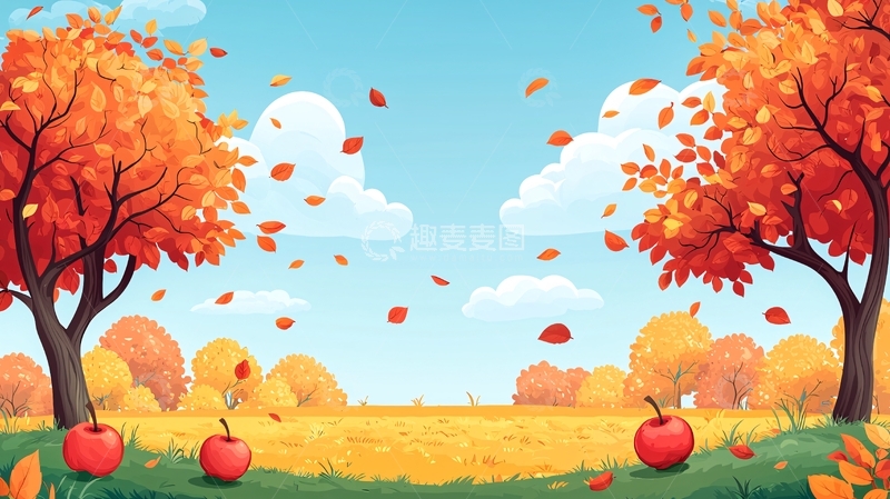 高清大图下载【趣麦麦图】秋天场景卡通插画
