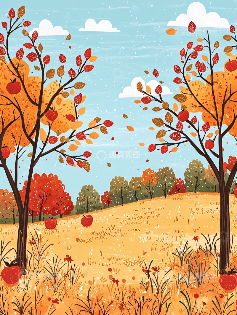 高清大图下载【趣麦麦图】秋季田野风景插画