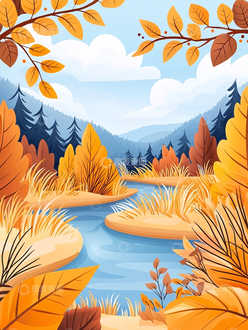 高清大图下载【趣麦麦图】秋日河流森林景观