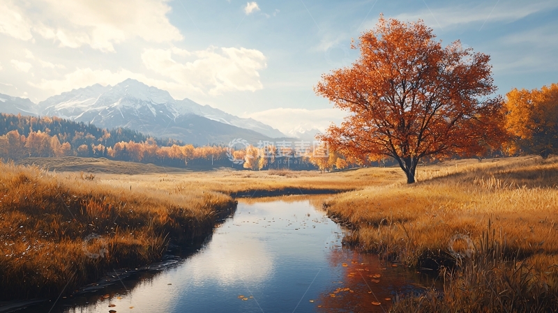 高清大图下载【趣麦麦图】秋日河流山景如画