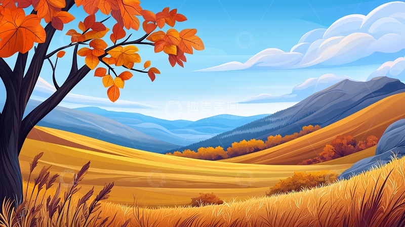 高清大图下载【趣麦麦图】秋天山坡田野树木天空
