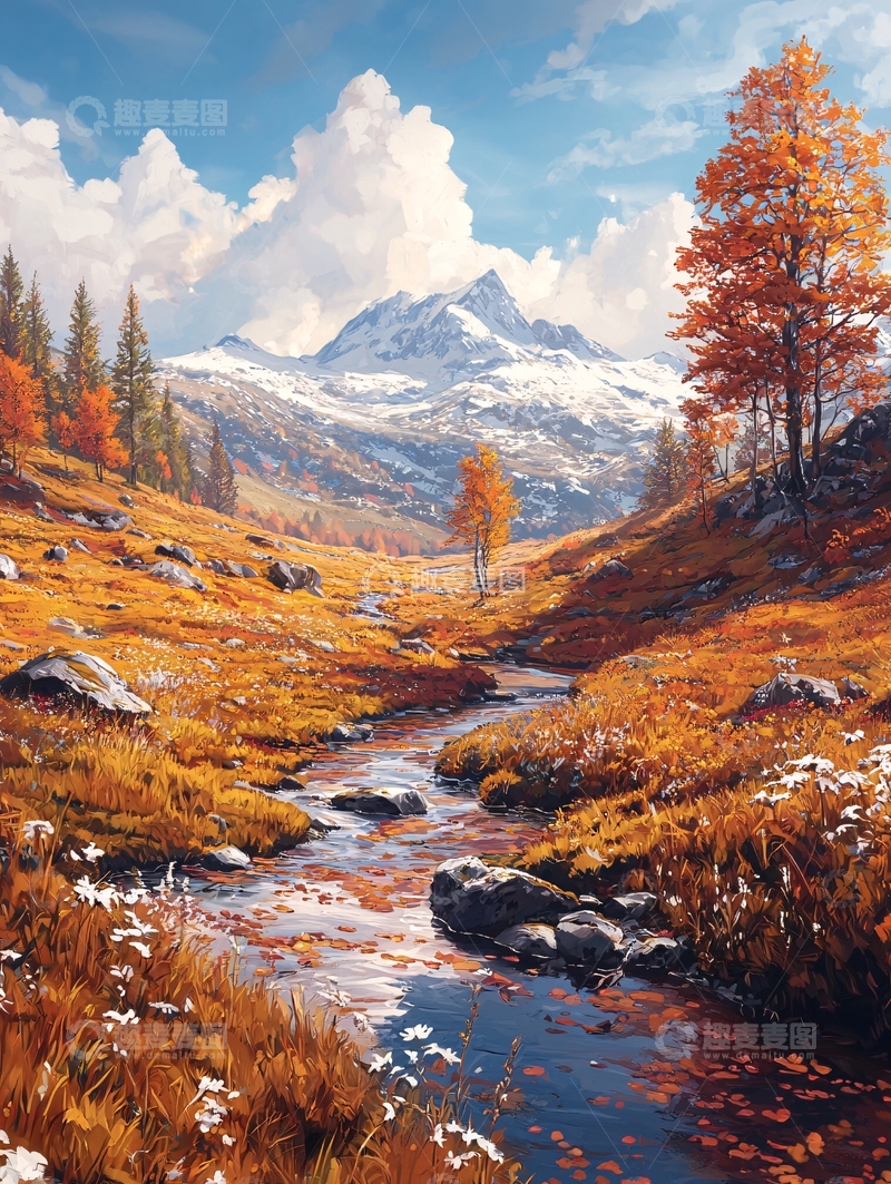高清大图下载【趣麦麦图】秋日山间溪流雪山