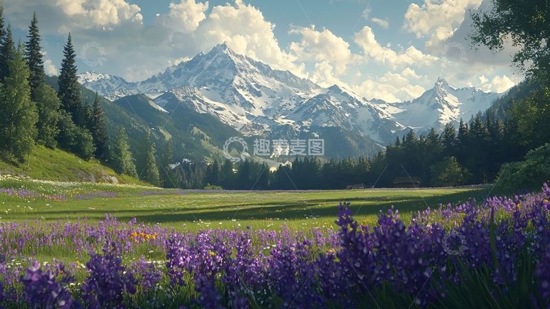 高清大图下载【趣麦麦图】雪山下的紫色花田