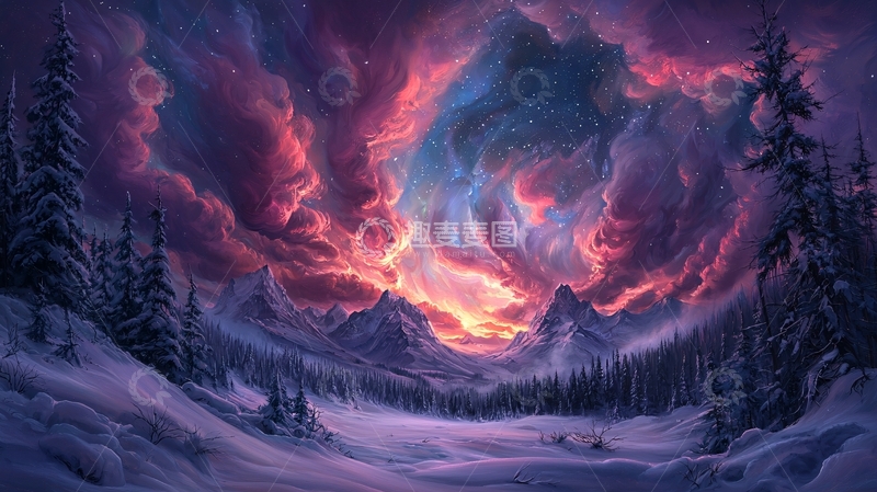 高清大图下载【趣麦麦图】绚丽天空下的雪山森林