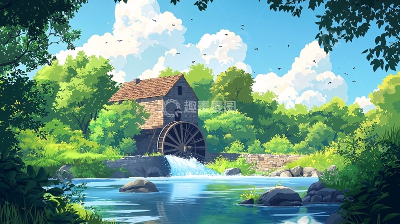 高清大图下载【趣麦麦图】水车小屋旁的宁静河流