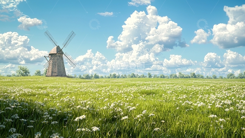 高清大图下载【趣麦麦图】风车下的绿地和蓝天白云