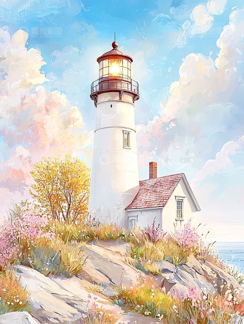 高清大图下载【趣麦麦图】灯塔风景水彩画