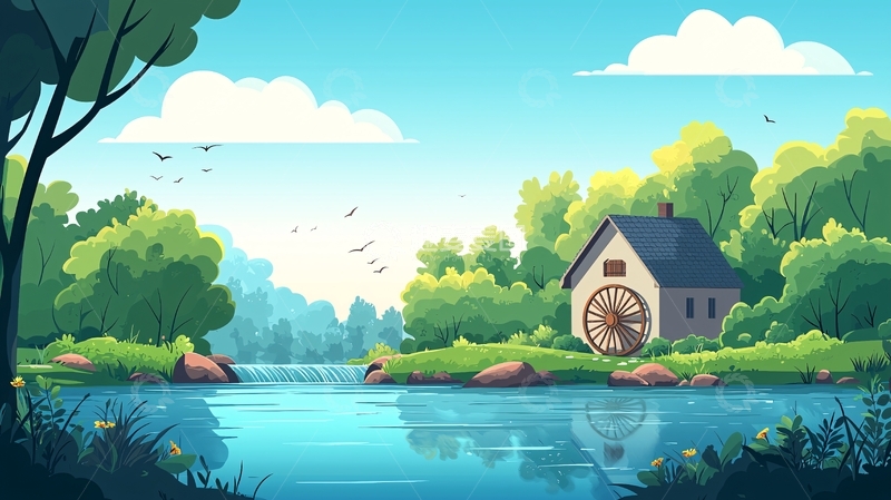 高清大图下载【趣麦麦图】水车小屋的宁静田园风光