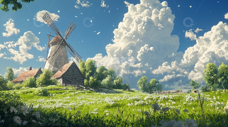 高清大图下载【趣麦麦图】田园风光下的风车