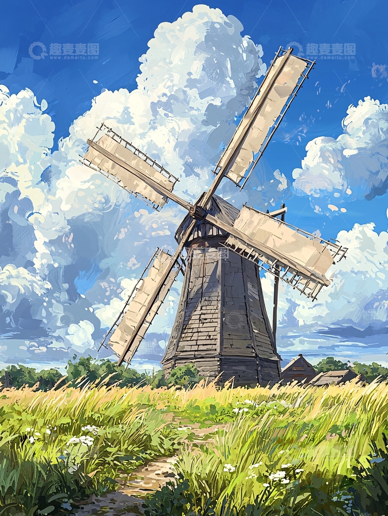 高清大图下载【趣麦麦图】风车在田野上