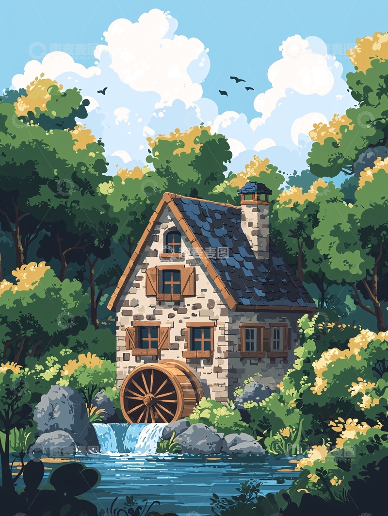 高清大图下载【趣麦麦图】卡通磨坊房屋