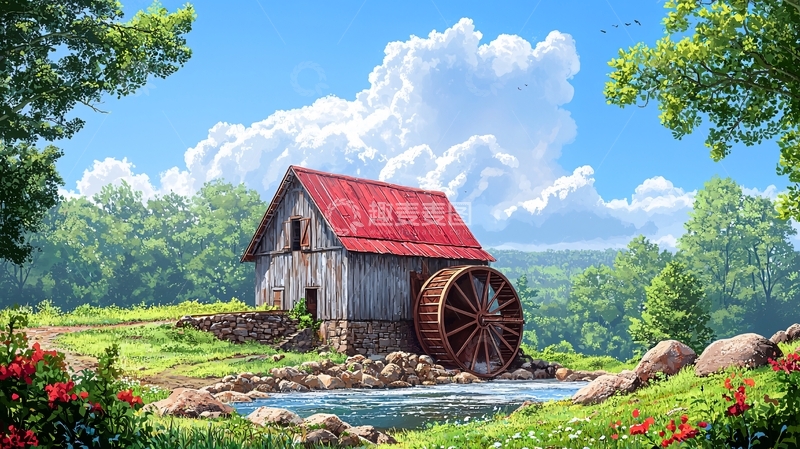 高清大图下载【趣麦麦图】乡村小屋水车风景