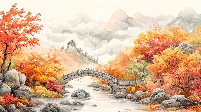 高清大图下载【趣麦麦图】秋景山水画高清图片