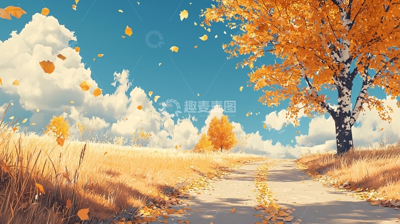 高清大图下载【趣麦麦图】秋日金黄落叶蓝天白云
