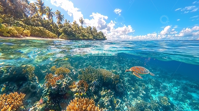 高清大图下载【趣麦麦图】清澈海水下的珊瑚礁和海龟