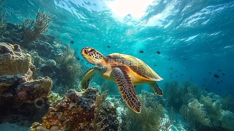 高清大图下载【趣麦麦图】海龟在珊瑚礁附近游泳