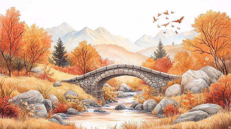 高清大图下载【趣麦麦图】秋季风景水彩画